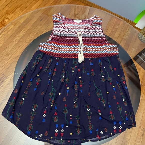Umgee Women's Small Tunic Tank Dress Boho Floral Aztec V Neck Blue Red Tassels - Picture 5 of 6
